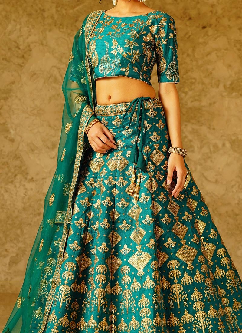 Green Zari Weaving Sequins Embroidered Kanchipuram Silk Lehenga Choli