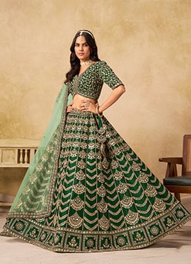 Green Silk Zari Embroidered Sequins Umbrella Lehenga