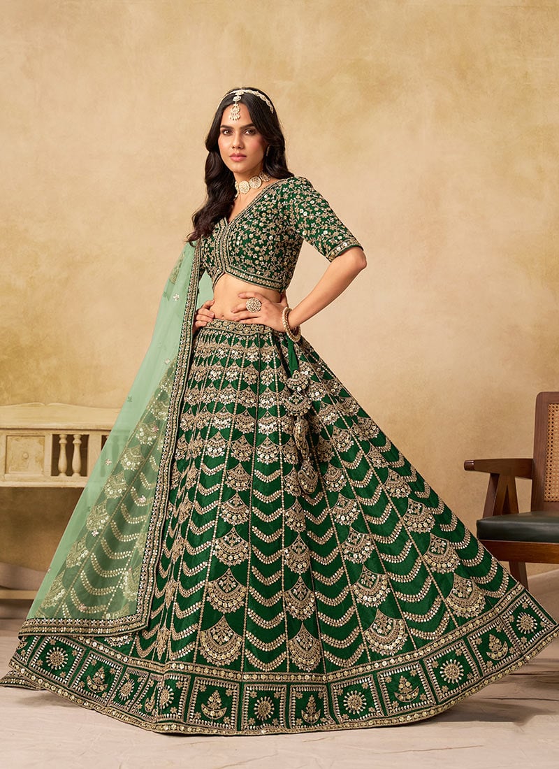 Green Silk Zari Embroidered Sequins Umbrella Lehenga Wedding Wear