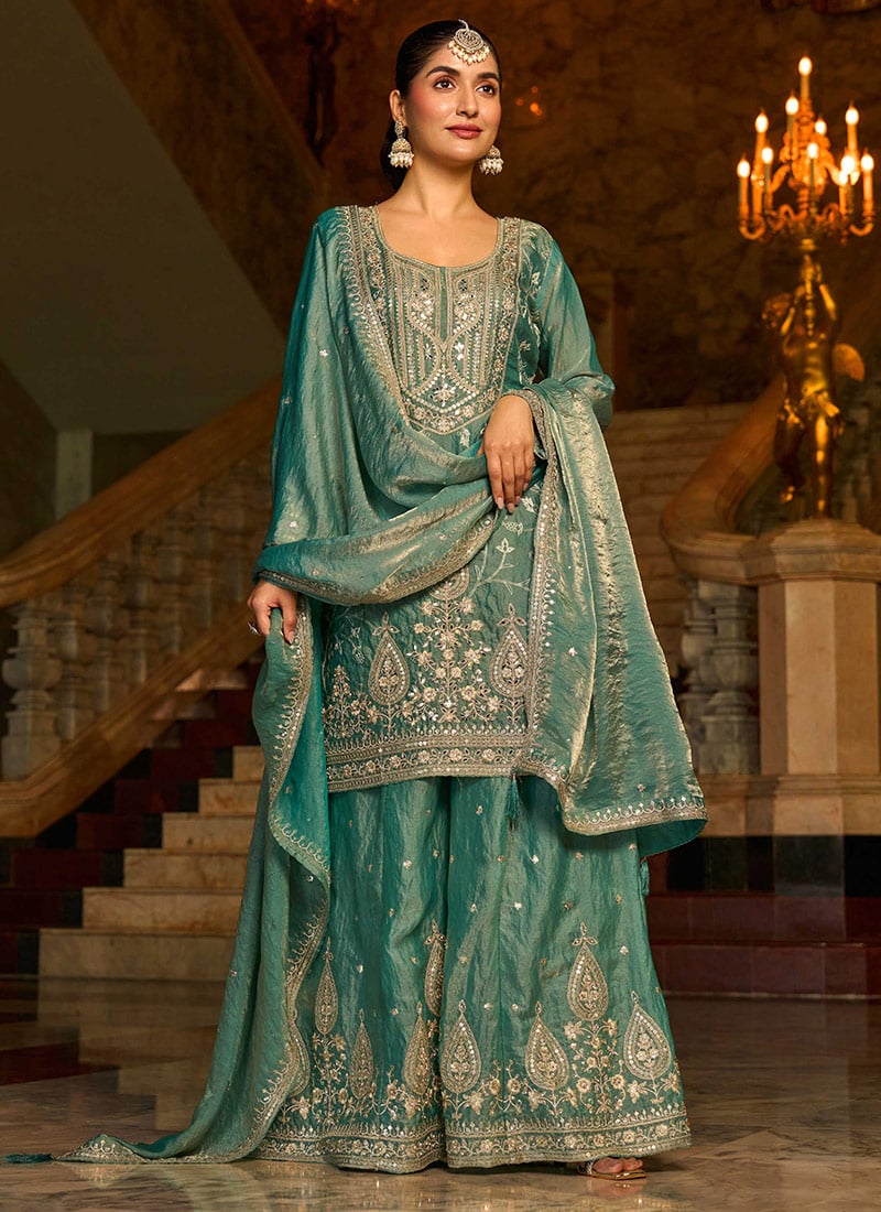 Green Silk Zari Embroidered Sequins With Mirror Work Palazzo Suit Festive Wear