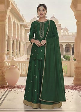 Green Silk Zari Hand Embroidered Long Choli Style Lehenga Set