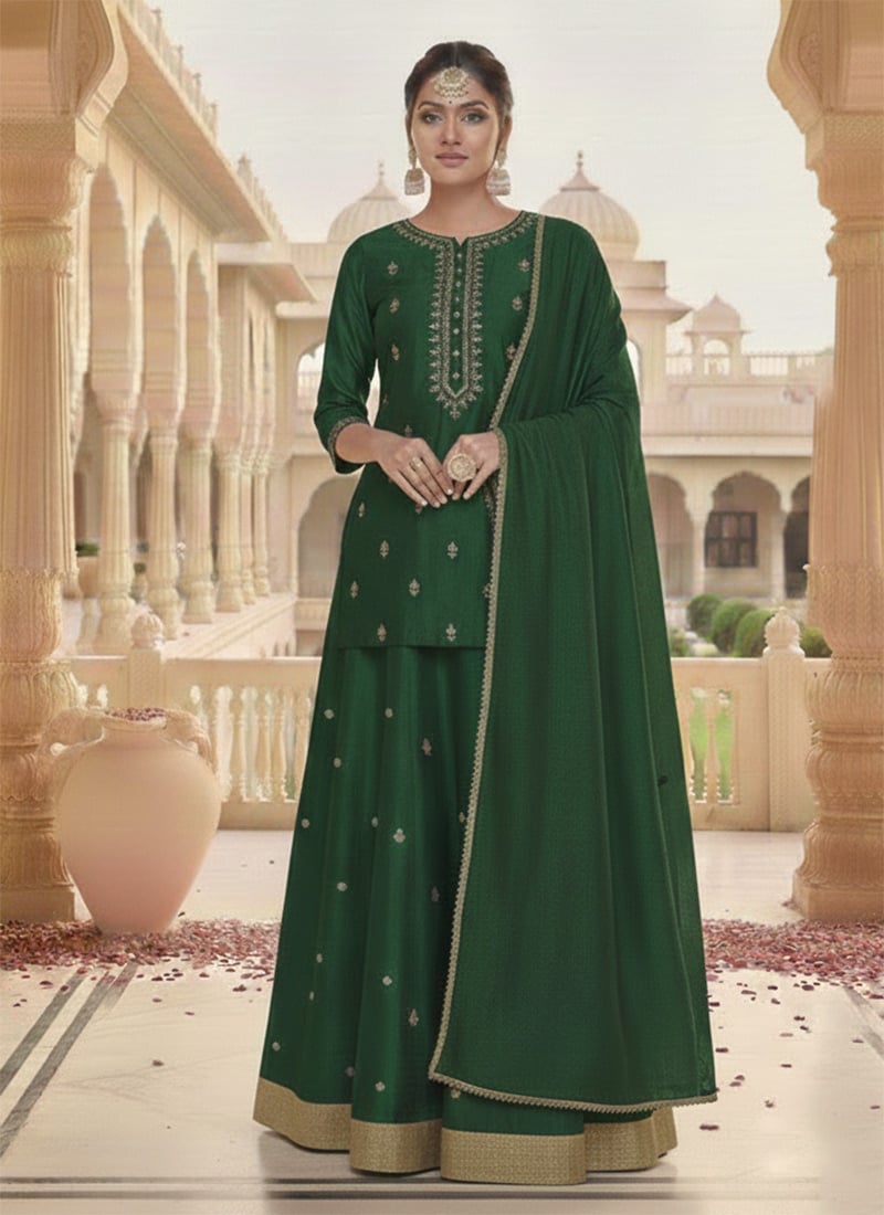 Green Silk Zari Hand Embroidered Long Choli Style Lehenga Set Festive Wear
