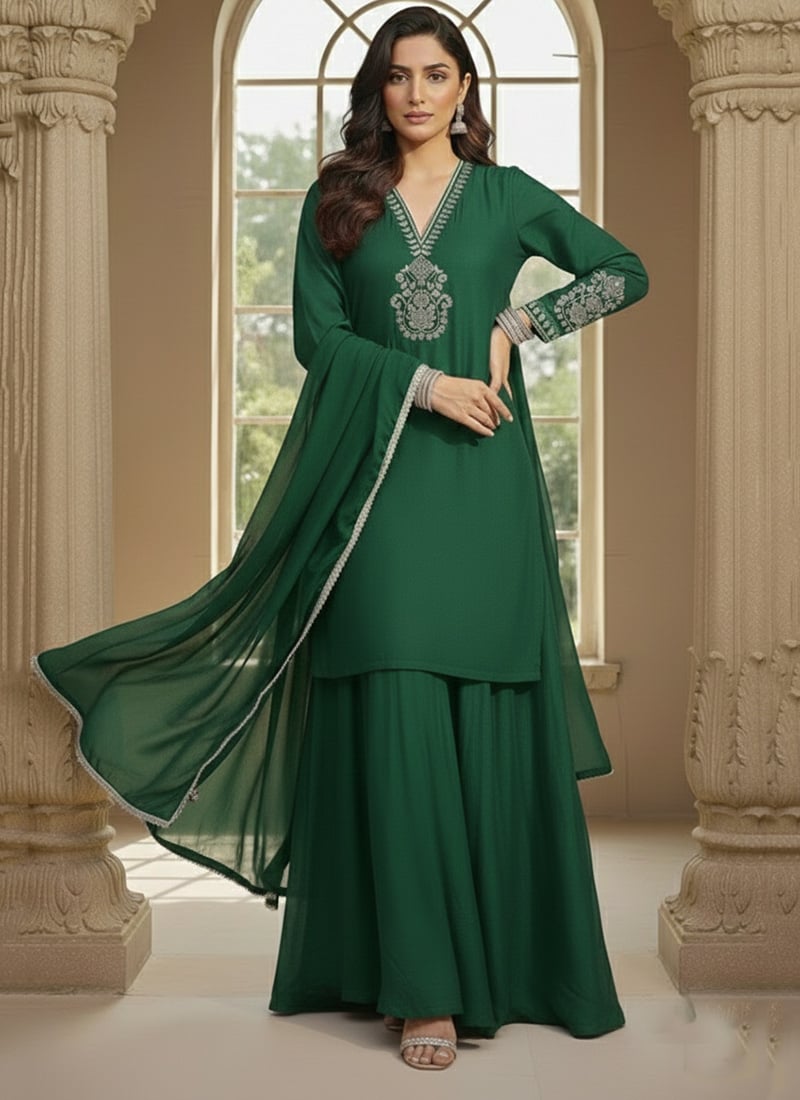Green Silk Zari Hand Embroidered Palazzo Suit Festive Wear