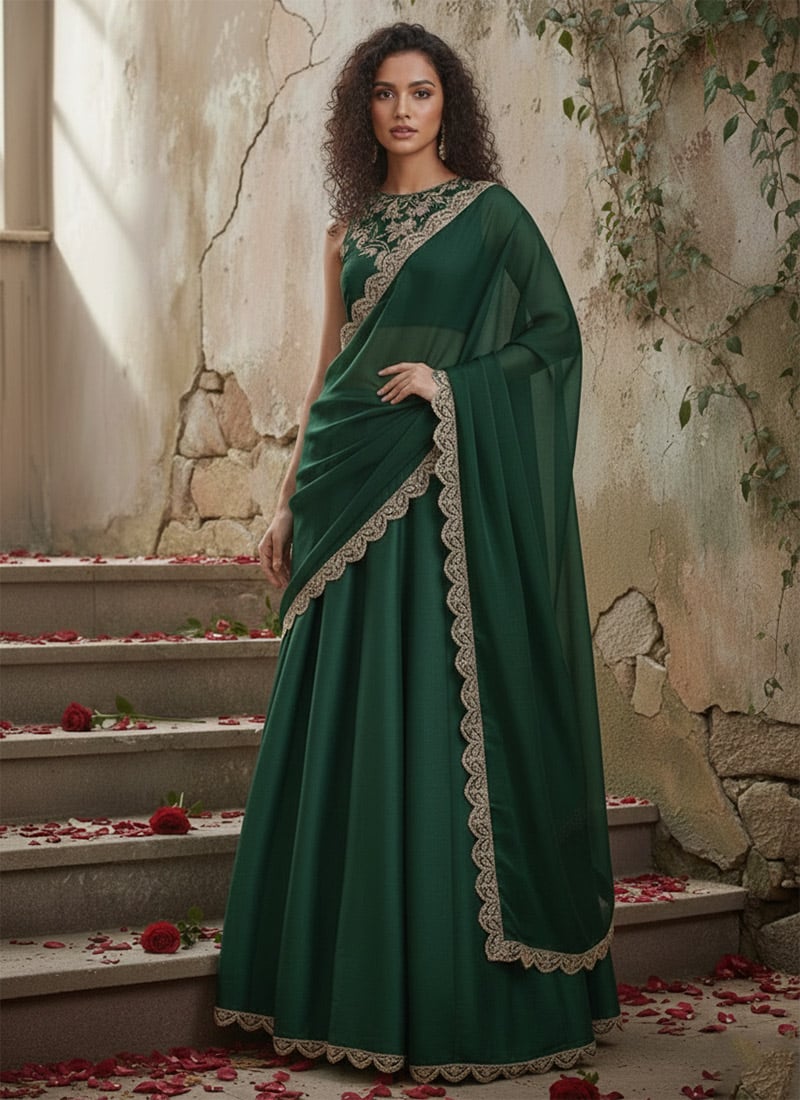 Green Silk Zari Hand Embroidered Sequins Lehenga Wedding Wear