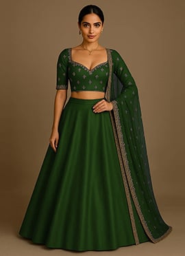 Green Silk Zari Hand Embroidered Sequins Lehenga