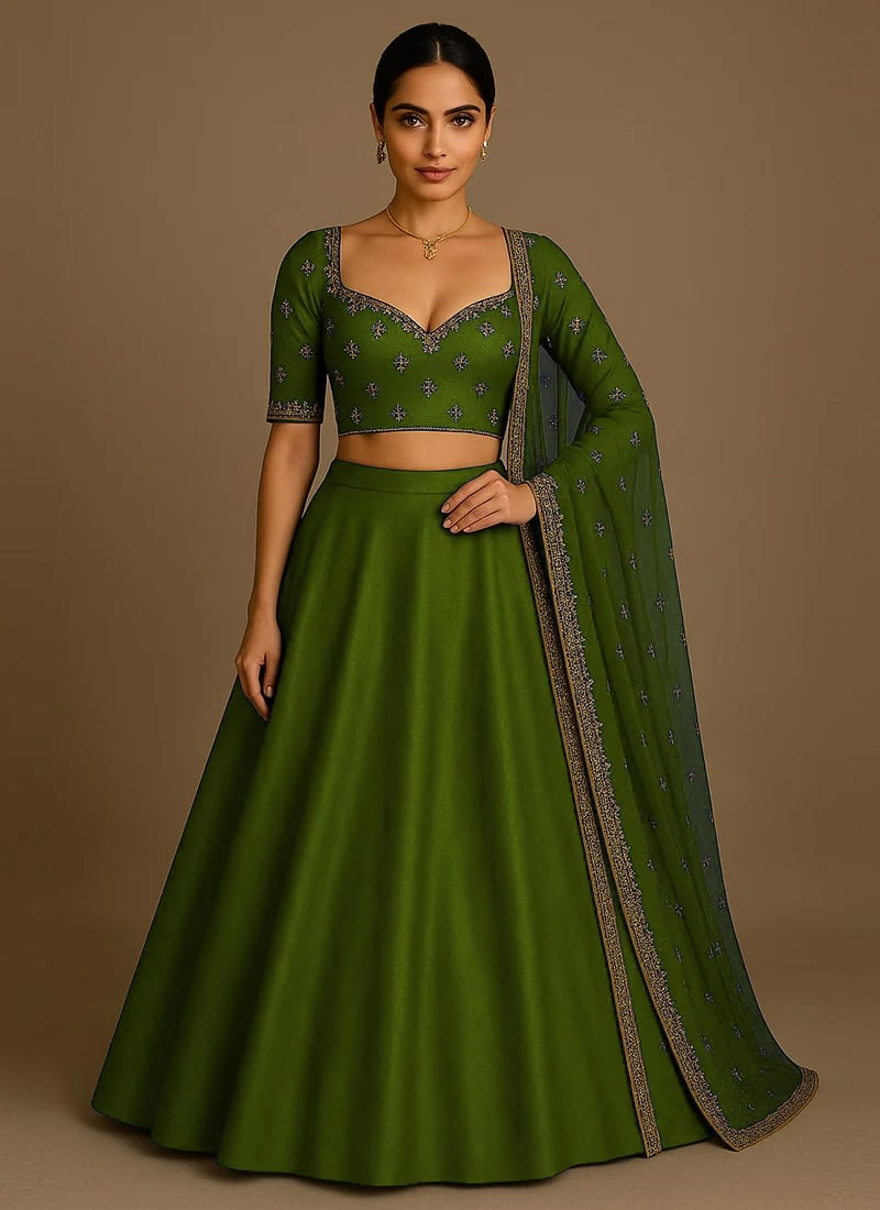 Green Silk Zari Hand Embroidered Sequins Lehenga Wedding Wear