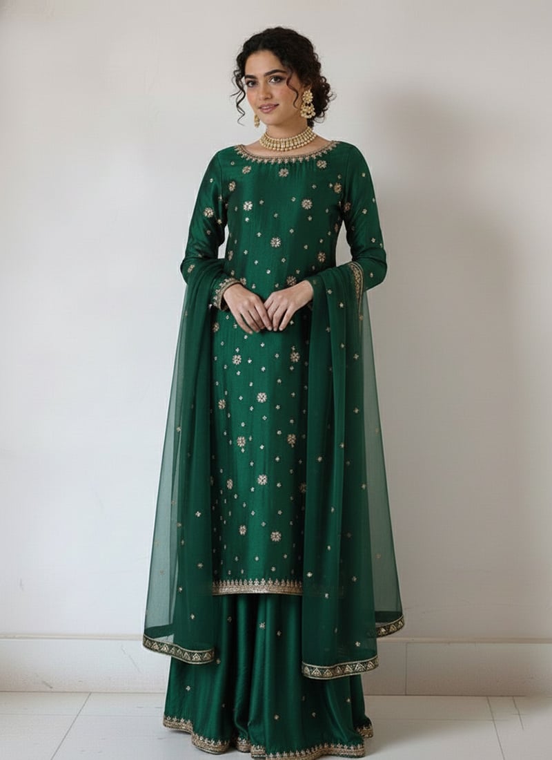 Green Silk Zari Hand Embroidered Sequins Palazzo Suit Festive Wear