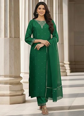Green Silk Zari Hand Embroidered Sequins Straight Pant Suit
