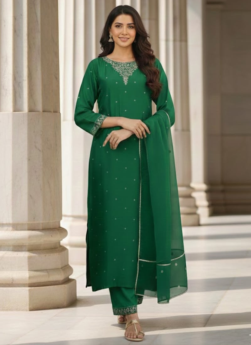 Green Silk Zari Hand Embroidered Sequins Straight Pant Suit Festive Wear