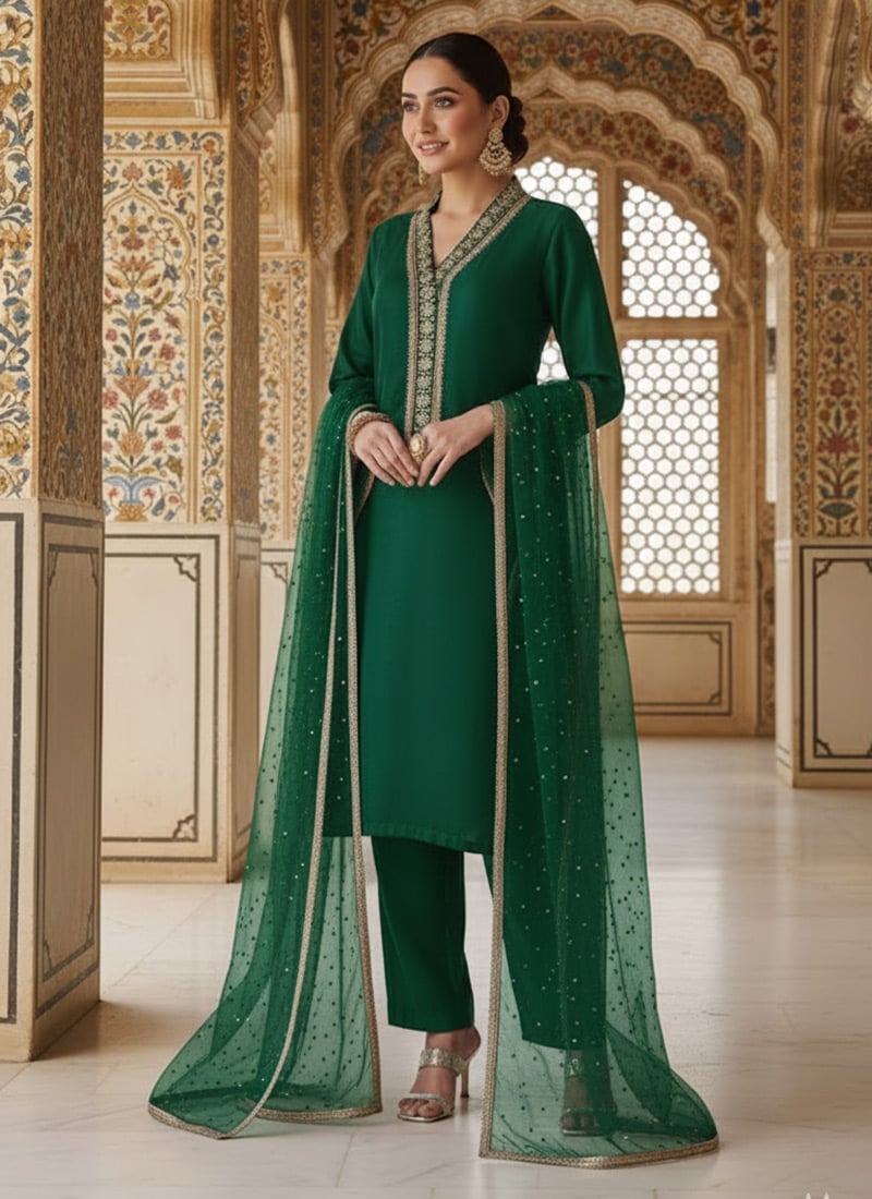 Green Silk Zari Hand Embroidered Sequins Straight Pant Suit Festive Wear