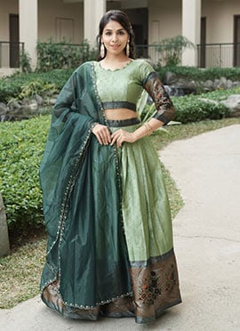 Green Silk Zari Jacquard Woven Lehenga