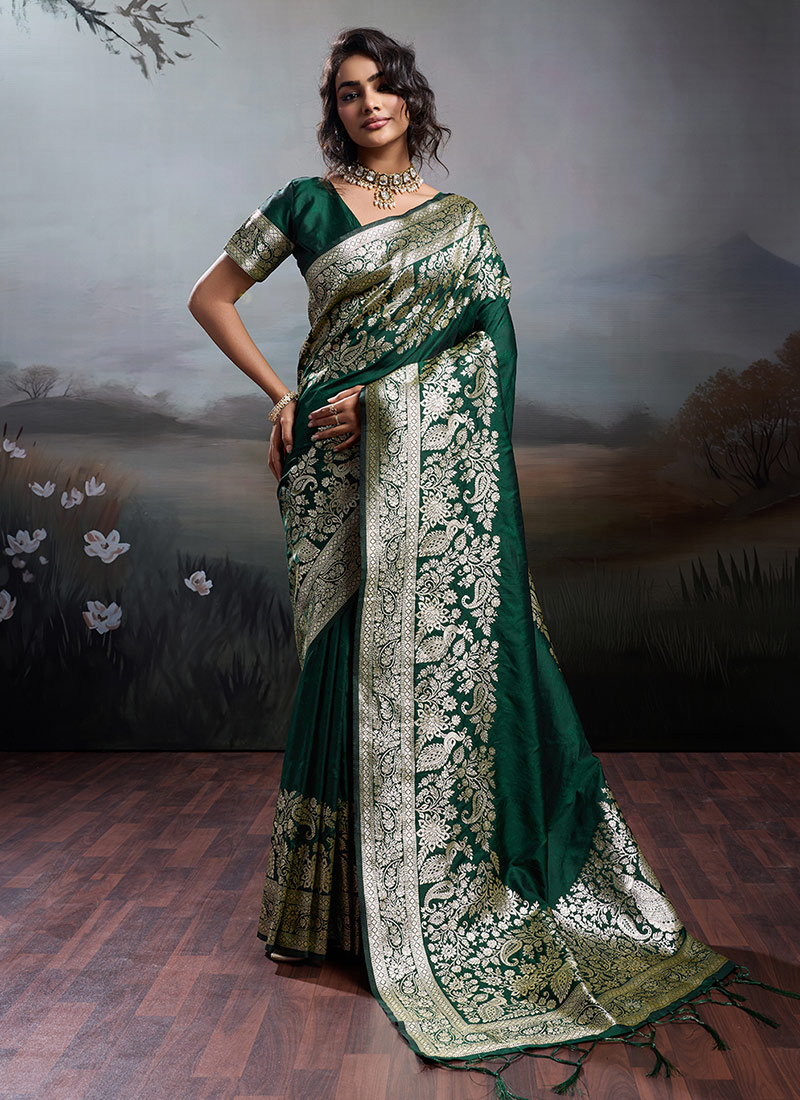 Green Silk Zari Jacquard Woven Saree Festive Wear