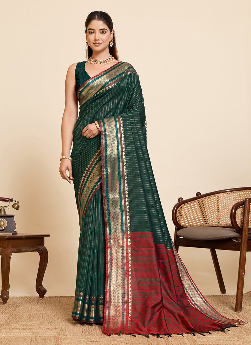 Green Silk Zari Jacquard Woven Saree Festive Wear
