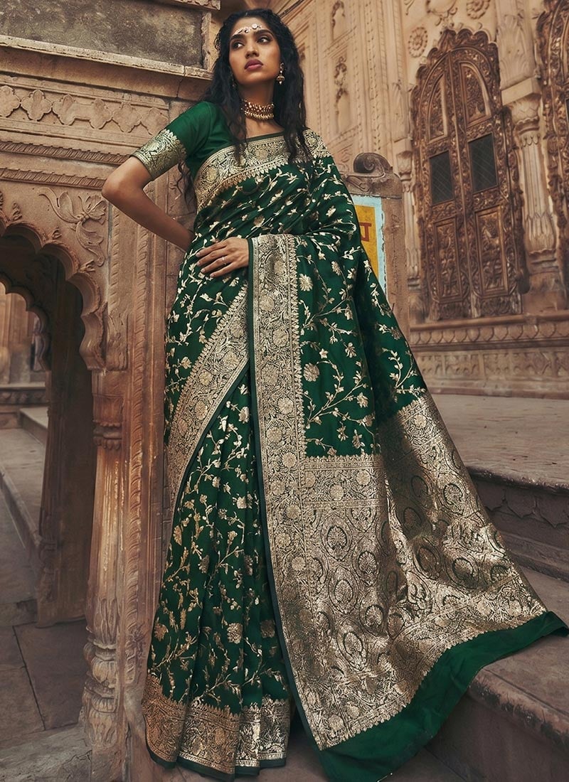 Green Silk Zari Jacquard Woven Saree Festive Wear