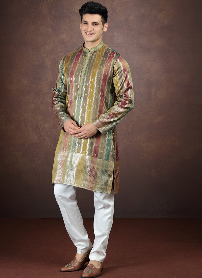 Green Silk Zari Kurta Pyjama Festive Wear