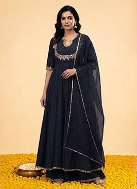 Blue Silk Zari Mirror Hand Embroidered Anarkali Suit