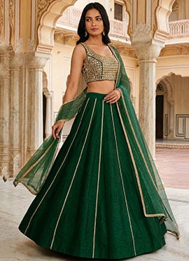 Green Silk Zari Mirror Hand Embroidered Lehenga