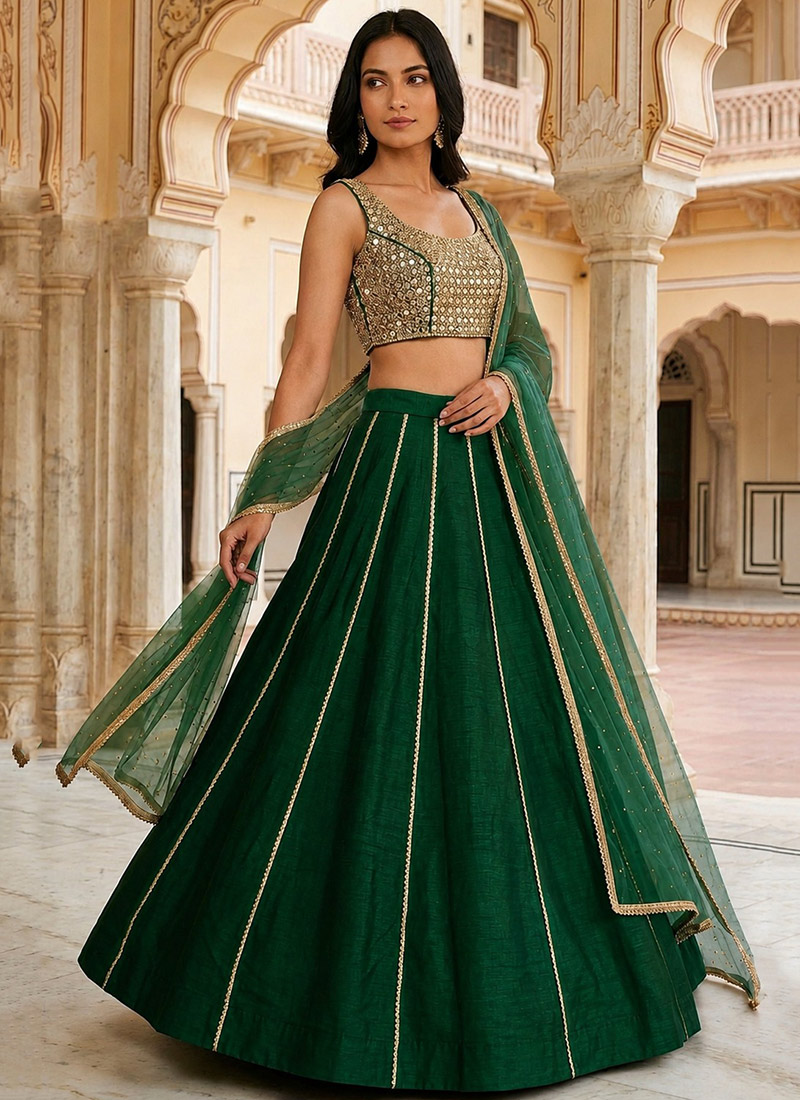 Green Silk Zari Mirror Hand Embroidered Lehenga Wedding Wear