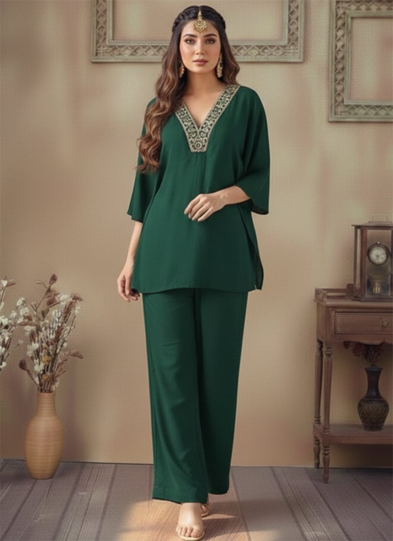 Green Silk Zari Mirror Work Artisanal Embroidery Indowestern Suit After Six Wear