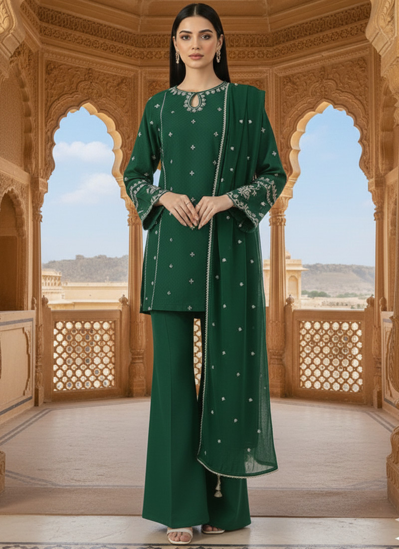 Green Silk Zari Palazzo Suit Festive Wear