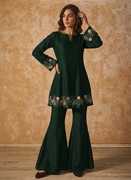 Green Silk Zari Resham Beads Indowestern Bell Bottom Pant Suit