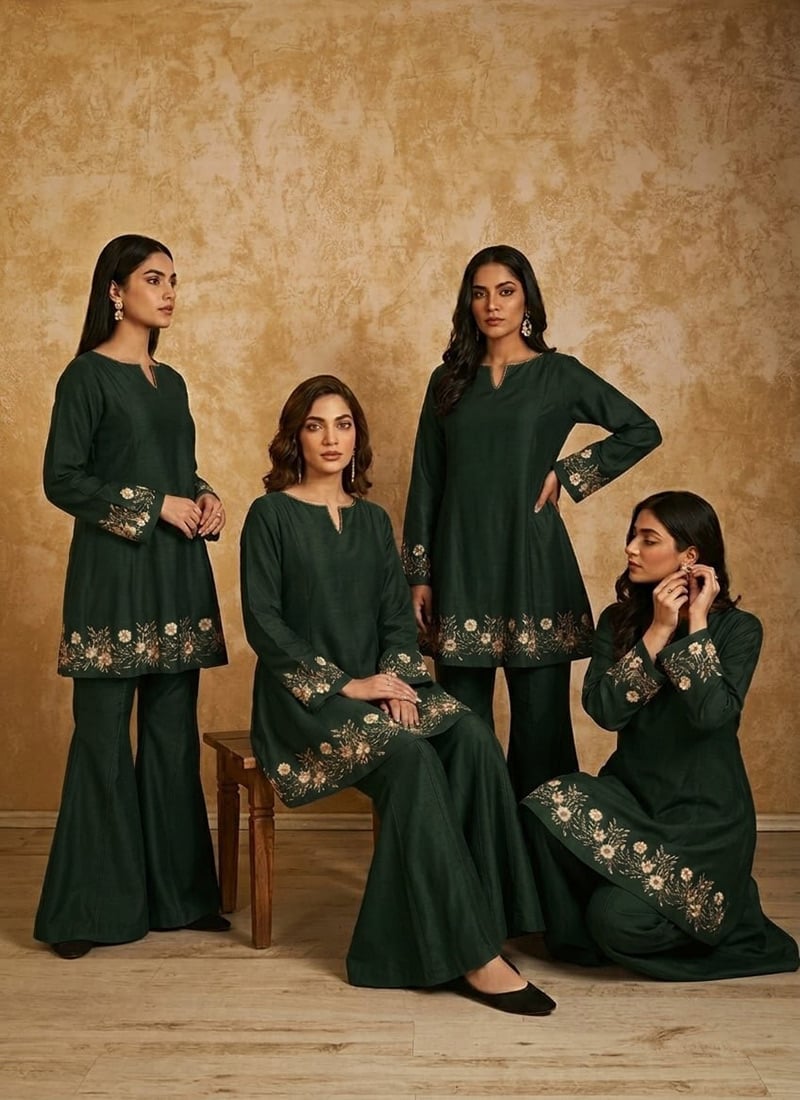 Green Silk Zari Resham Beads Indowestern Bell Bottom Pant Suit After Six Wear