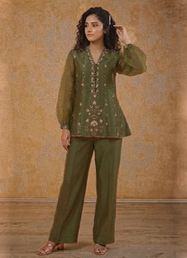 Green Silk Zari Resham Embroidered Indowestern Pant Suit