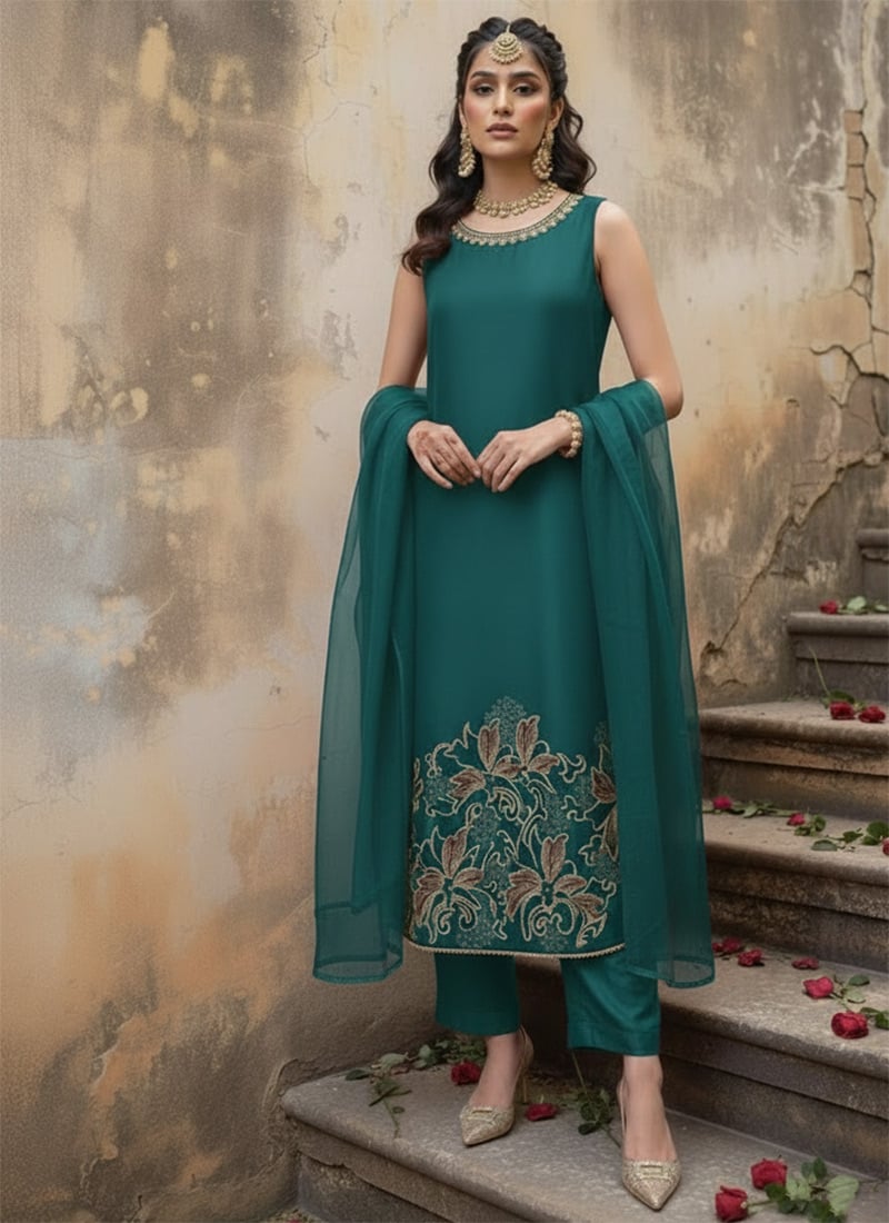 Green Silk Zari Sequin Embroidered Straight Pant Suit Festive Wear