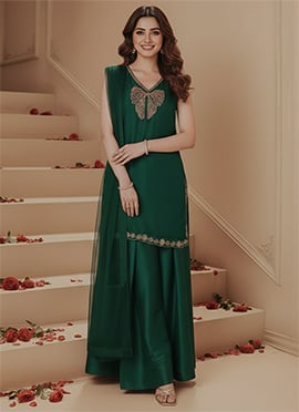 Green Silk Zari Sequin Hand Embroidered Palazzo Suit