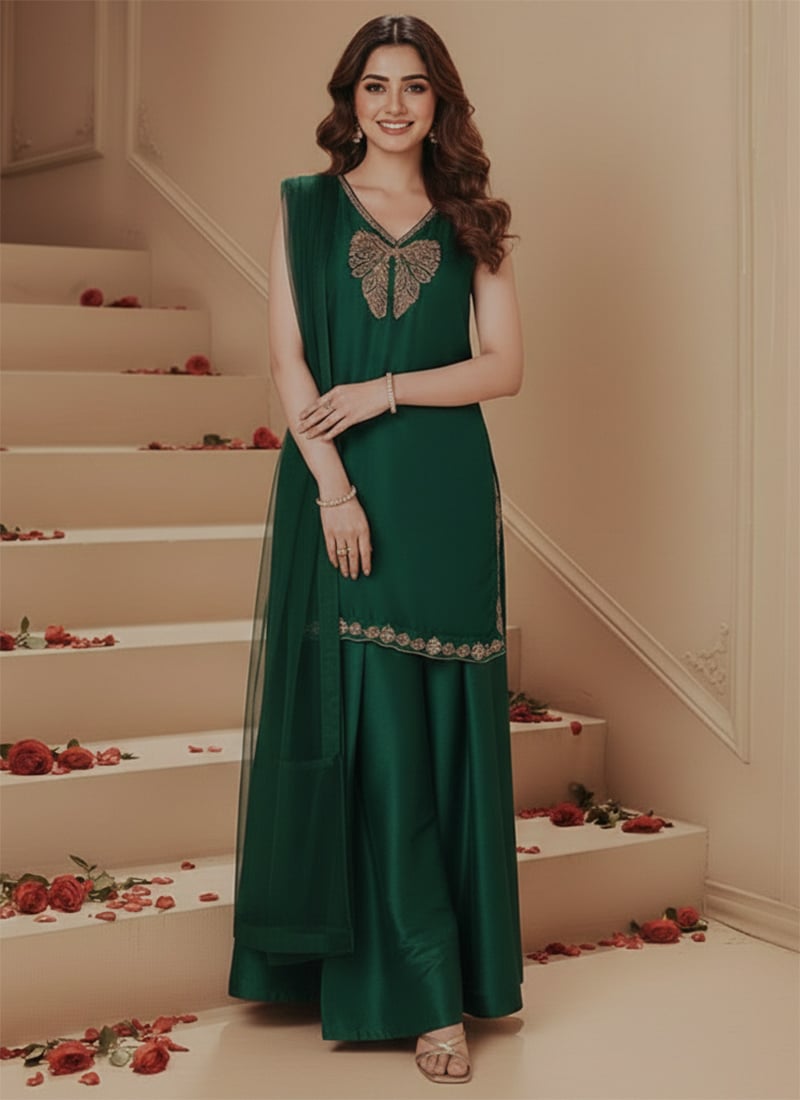Green Silk Zari Sequin Hand Embroidered Palazzo Suit  Festive Wear