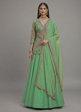Green Silk Zari Sequins A Line Lehenga