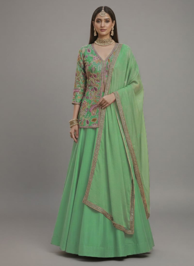 Green Silk Zari Sequins A Line Lehenga Festive Wear