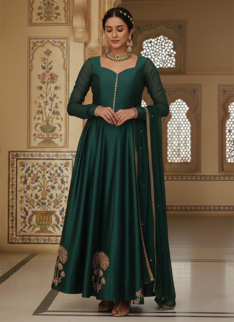 Green Silk Zari Sequins Anarkali Gown After Six Wear