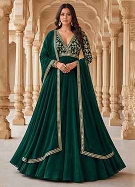 Green Silk Zari Sequins Anarkali Suit