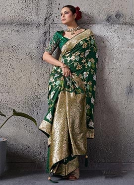 Green Silk Zari Sequins Banarasi Saree