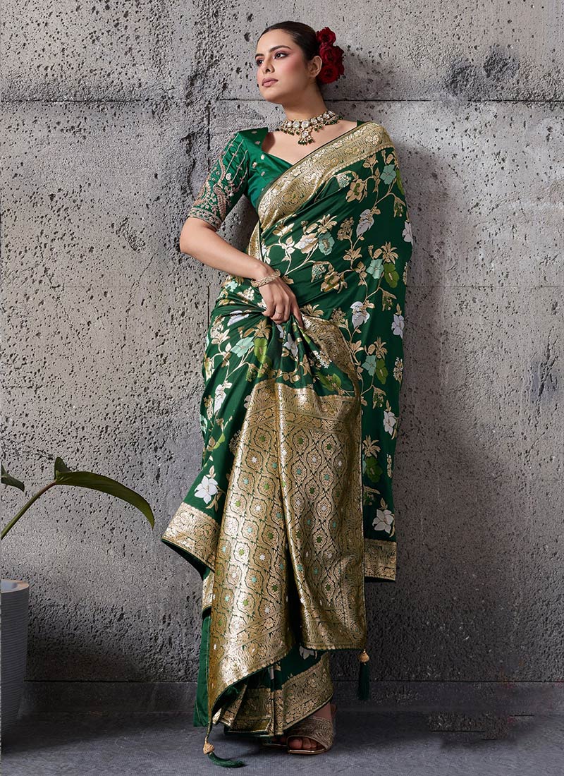 Green Silk Zari Sequins Banarasi Saree Festive Wear