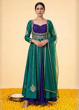 Green Silk Zari Sequins Embroidered Anarkali Suit