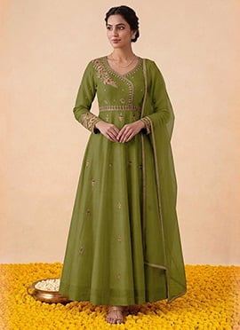 Green Silk Zari Sequins Embroidered Anarkali Suit