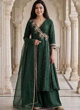 Green Silk Zari Sequins Embroidered Angarkha Palazzo Suit