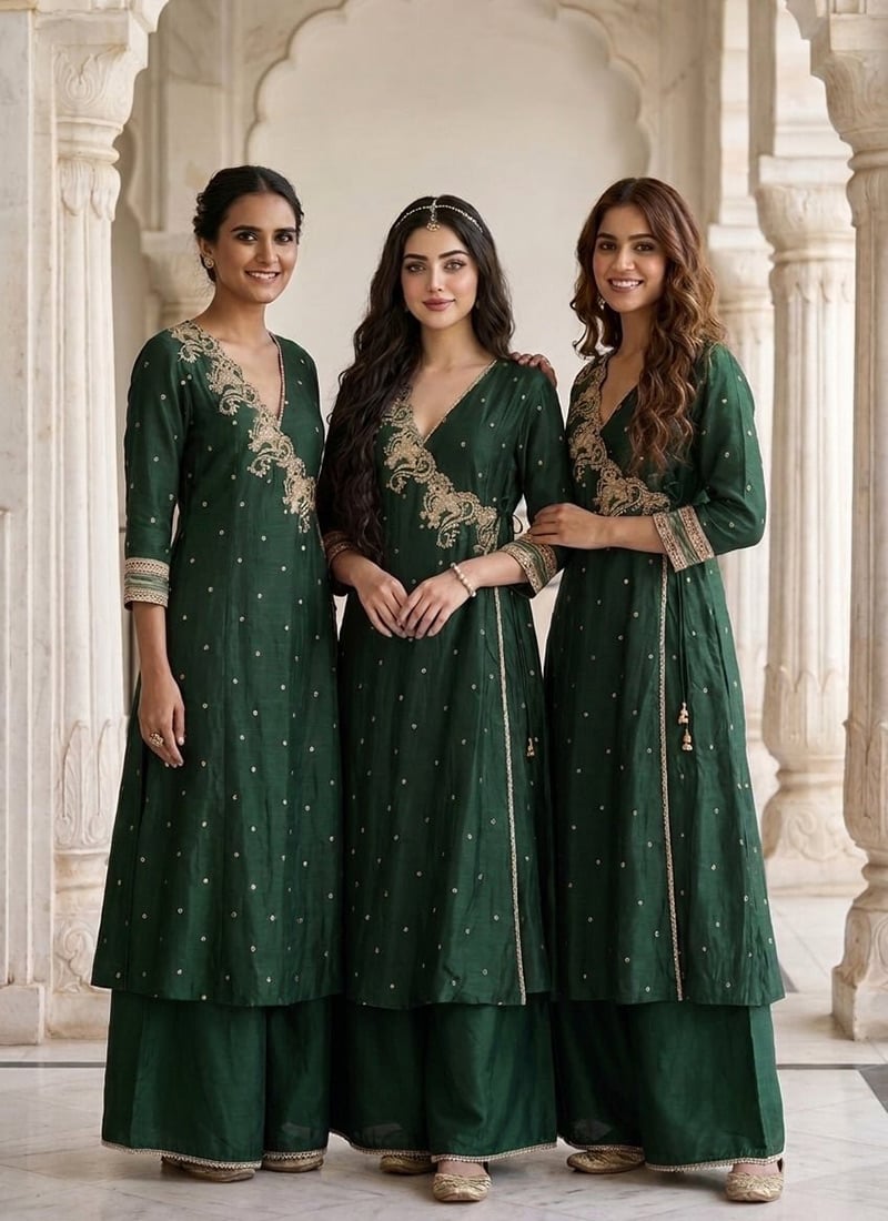 Green Silk Zari Sequins Embroidered Angarkha Palazzo Suit Festive Wear