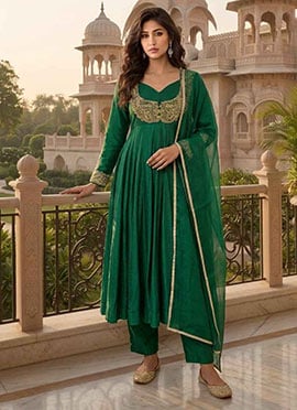 Green Silk Zari Sequins Embroidered Gorgeous Anarkali Suit