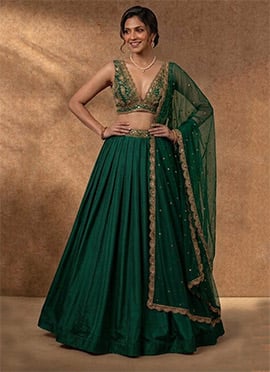 Green Silk Zari Sequins Embroidered Lehenga