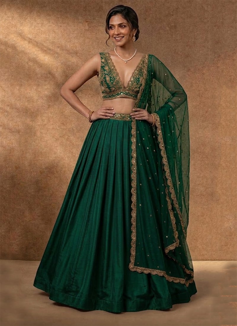 Green Silk Zari Sequins Embroidered Lehenga Wedding Wear