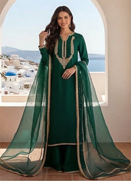 Green Silk Zari Sequins Embroidered Palazzo Suit
