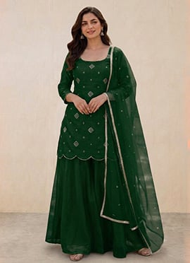 Green Silk Zari Sequins Embroidered Palazzo Suit