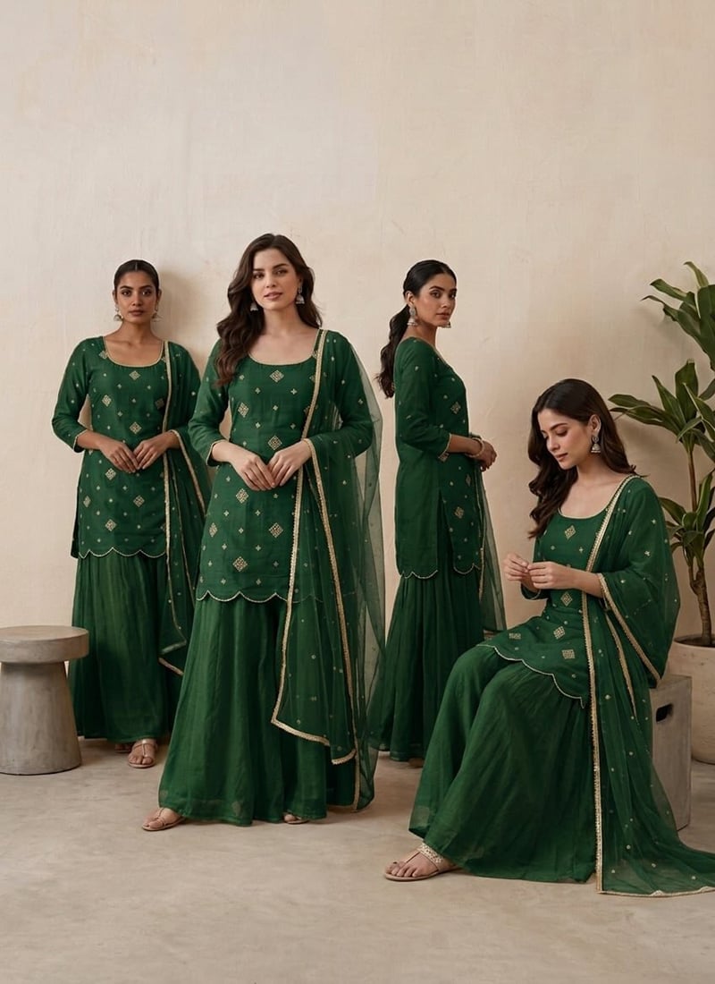 Green Silk Zari Sequins Embroidered Palazzo Suit After Six Wear