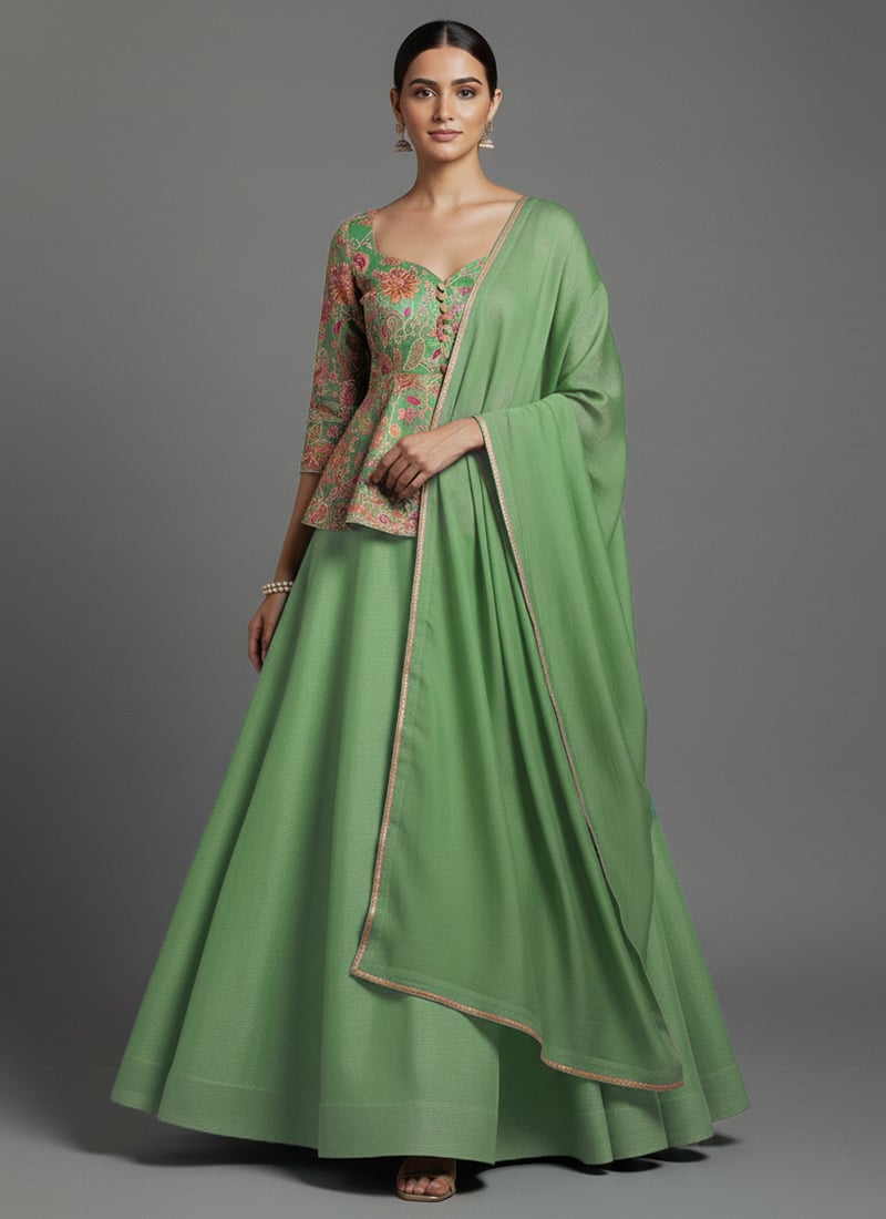 Green Silk Zari Sequins Embroidered Resham Umbrella Lehenga Festive Wear
