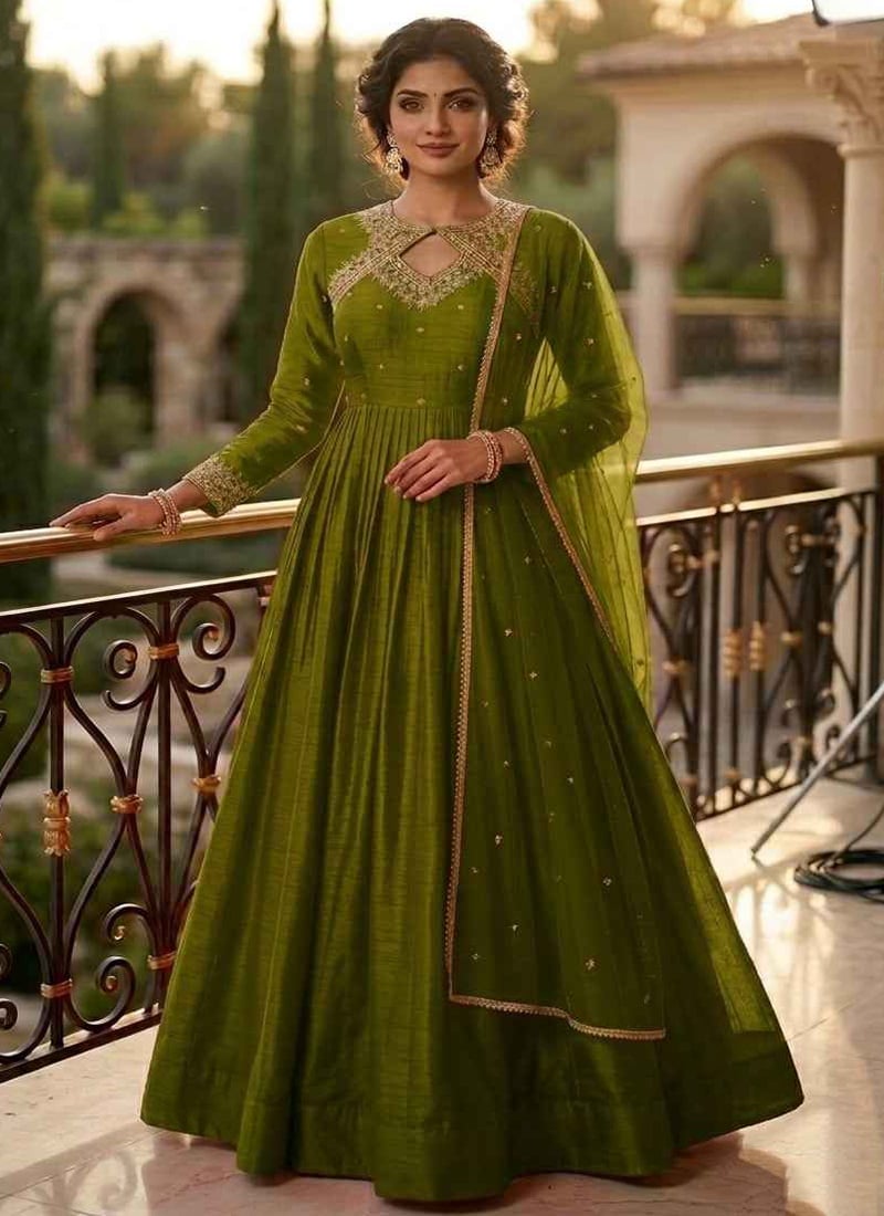 Green Silk Zari Sequins Embroidered Stunning Anarkali Suit Wedding Wear