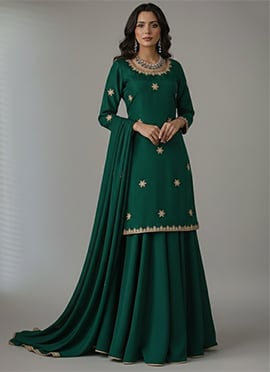 Green Silk Zari Sequins Hand Embroidered A Line Lehenga