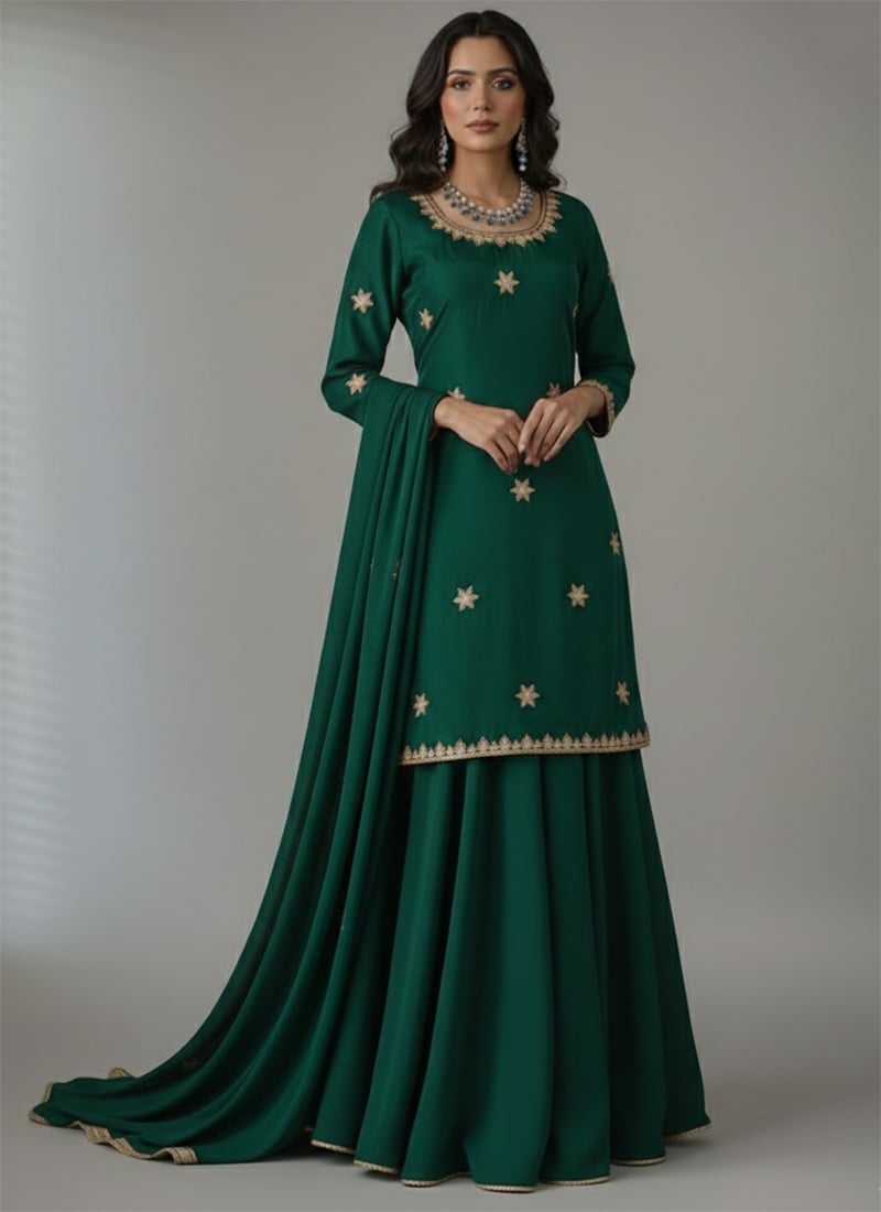 Green Silk Zari Sequins Hand Embroidered A Line Lehenga Festive Wear